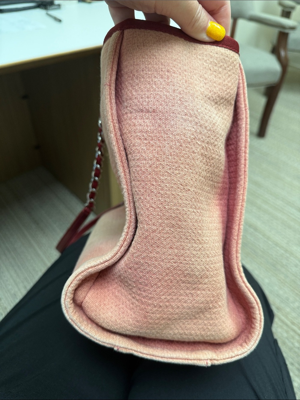 CHANEL Pink Canvas Tote with Burgundy Trim and Chain Handles - Picture 4 of 15
